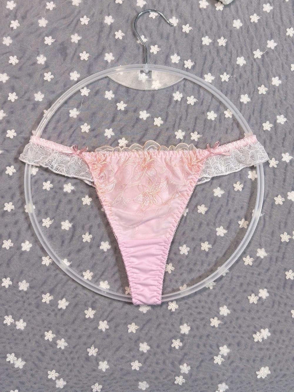 US-S/JP-L Japanese Brand Floral Embroidered Lace Ruffle Nylon Thong Panty